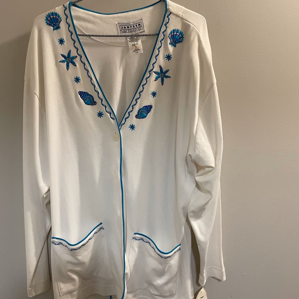 Jantzen Vintage Blue and White Cardigan Sweater with Embroidered V-Neck
